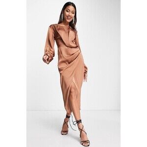 River Island Midi Twist Asymmetrical Long Sleeve Dress Sz Uk 12 Us 8 Bronze